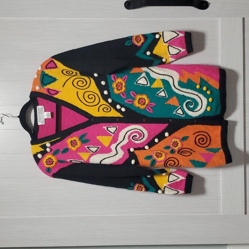 Sideffects vintage colorful embroidery 3D sweater cardigan sz s oversized